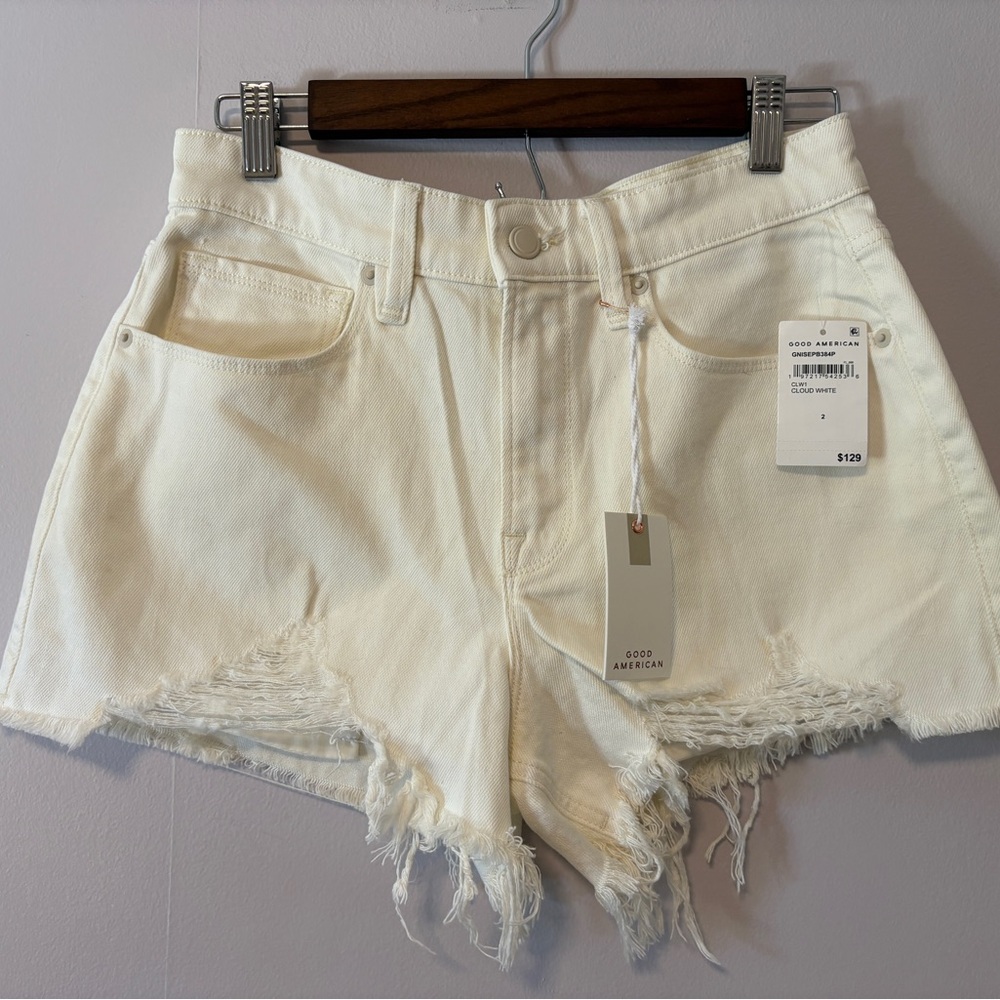 Good American Women's Off-White Distressed Jean Shorts